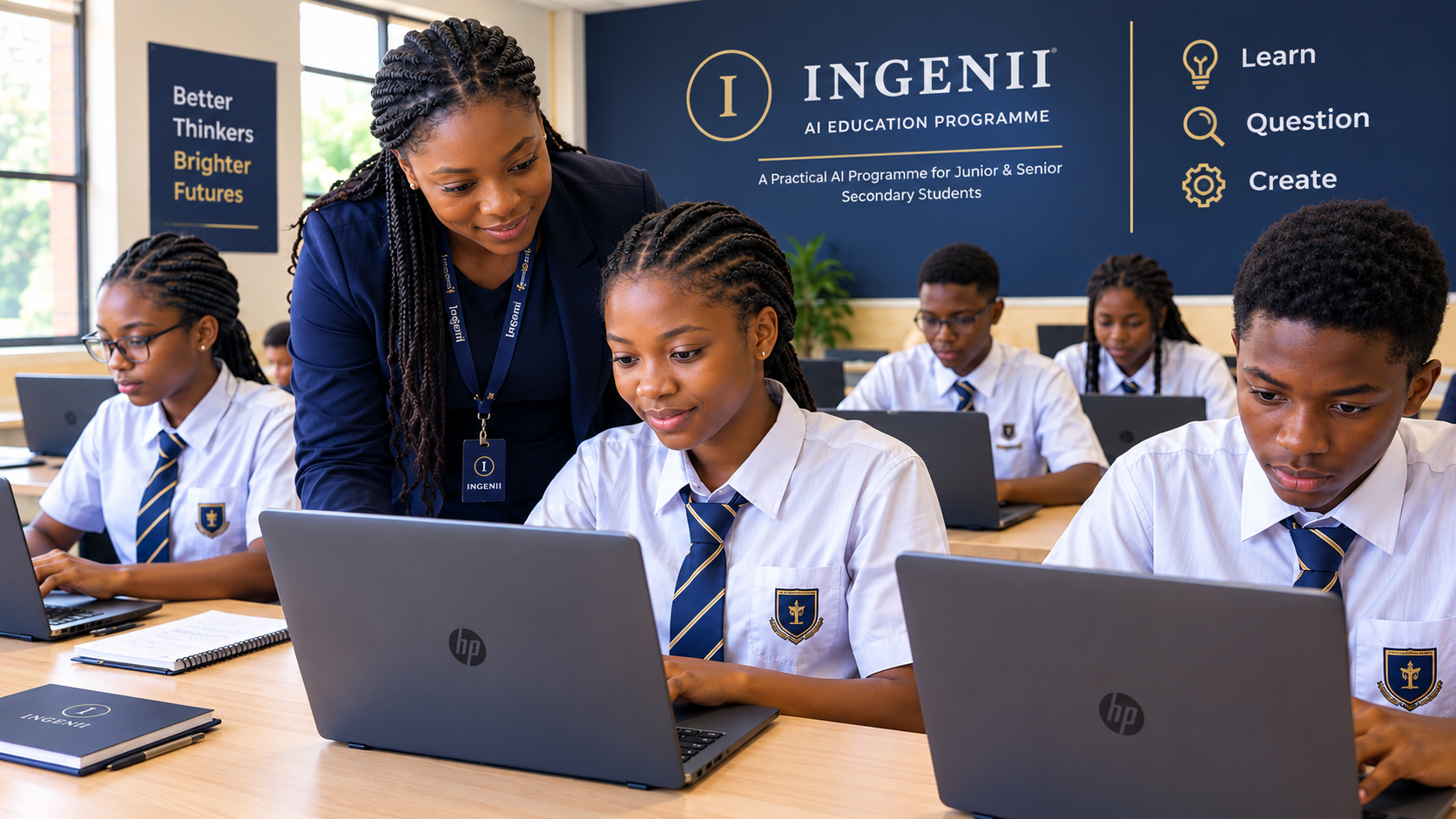 Secondary school students using laptops in a classroom while a facilitator provides guidance